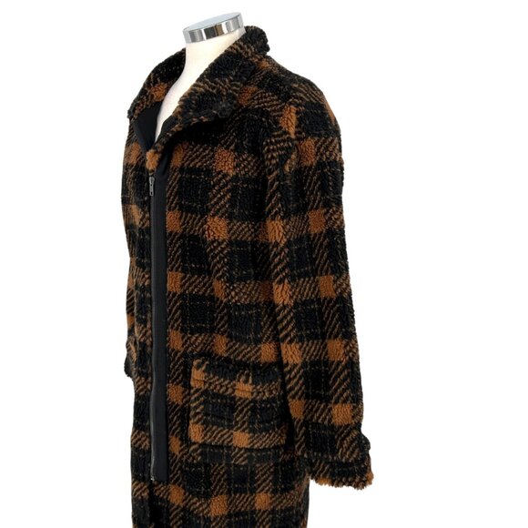 Saltwater Luxe Plaid Faux Fur Coat Black Brown Cinnamon Size Small NWT - Picture 6 of 16
